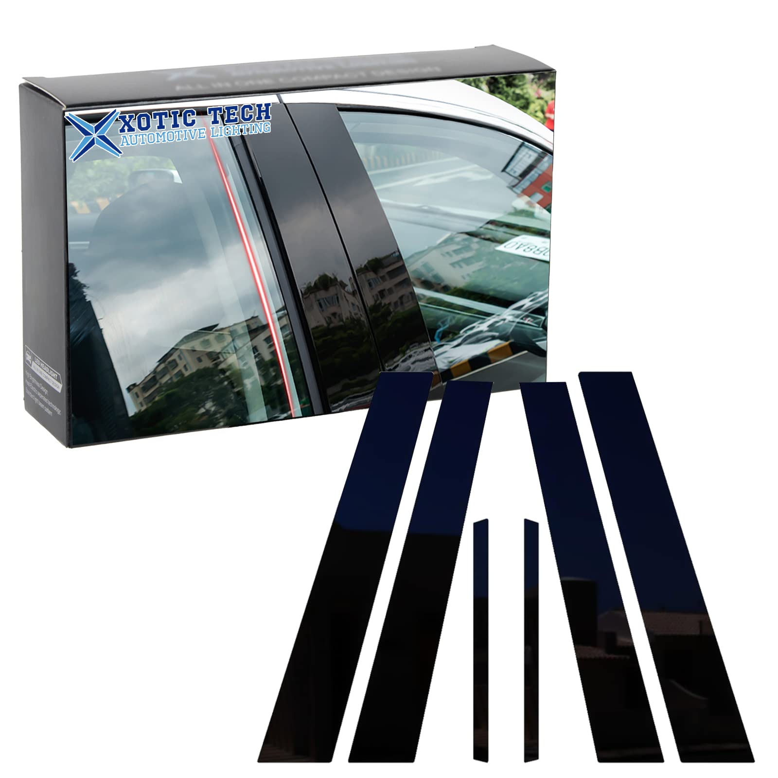 Xotic Tech Pillar Post Side Door Window Cover Trim Pre-Cut Molding, Compatible With Honda Accord Sedan 9Th Gen 2013-2017 (Glossy Black)