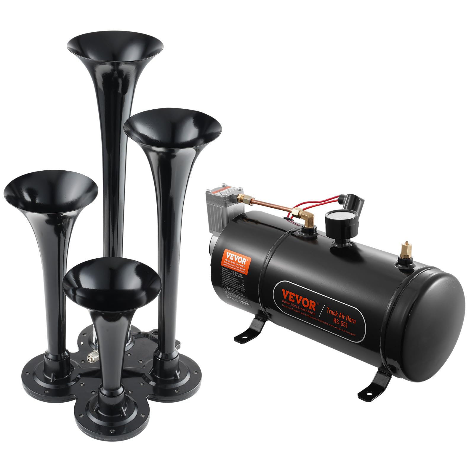 Vevor Train Horns Kit, 4 Trumpet Air Horn Kit, 150Db Train Horns For Pickup Trucks, 12V 120 Psi Air Compressor 0.8 Gal/3 L Tank With Gauge For Any 12V Vehicle Car Truck Train Van Boat