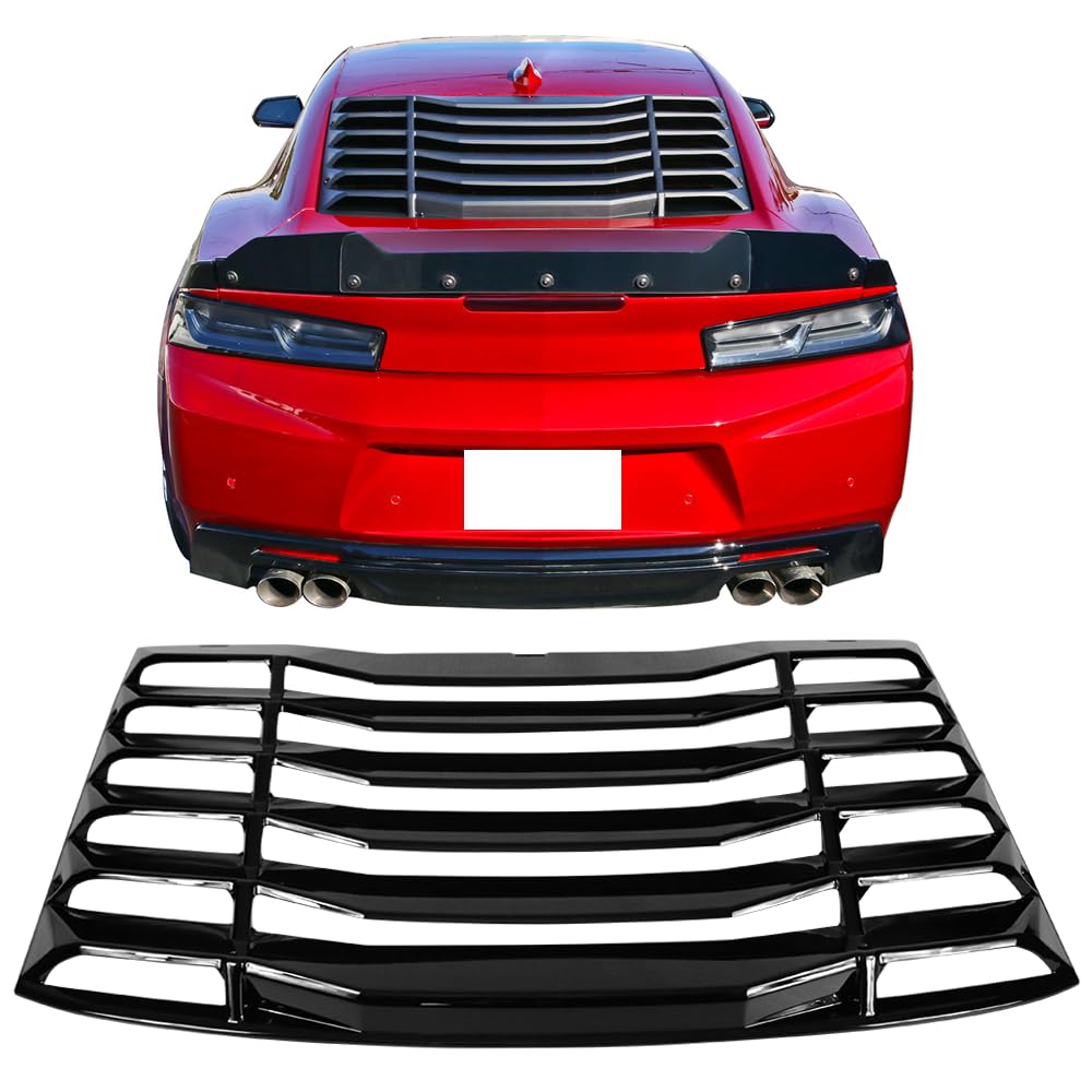 Ikon Motorsports Rear Window Louver Compatible With 2016-2024 Chevy Camaro Coupe 2-Door, Ikon Style Abs Gloss Black Back Windshield Sun Shade Cover Vent