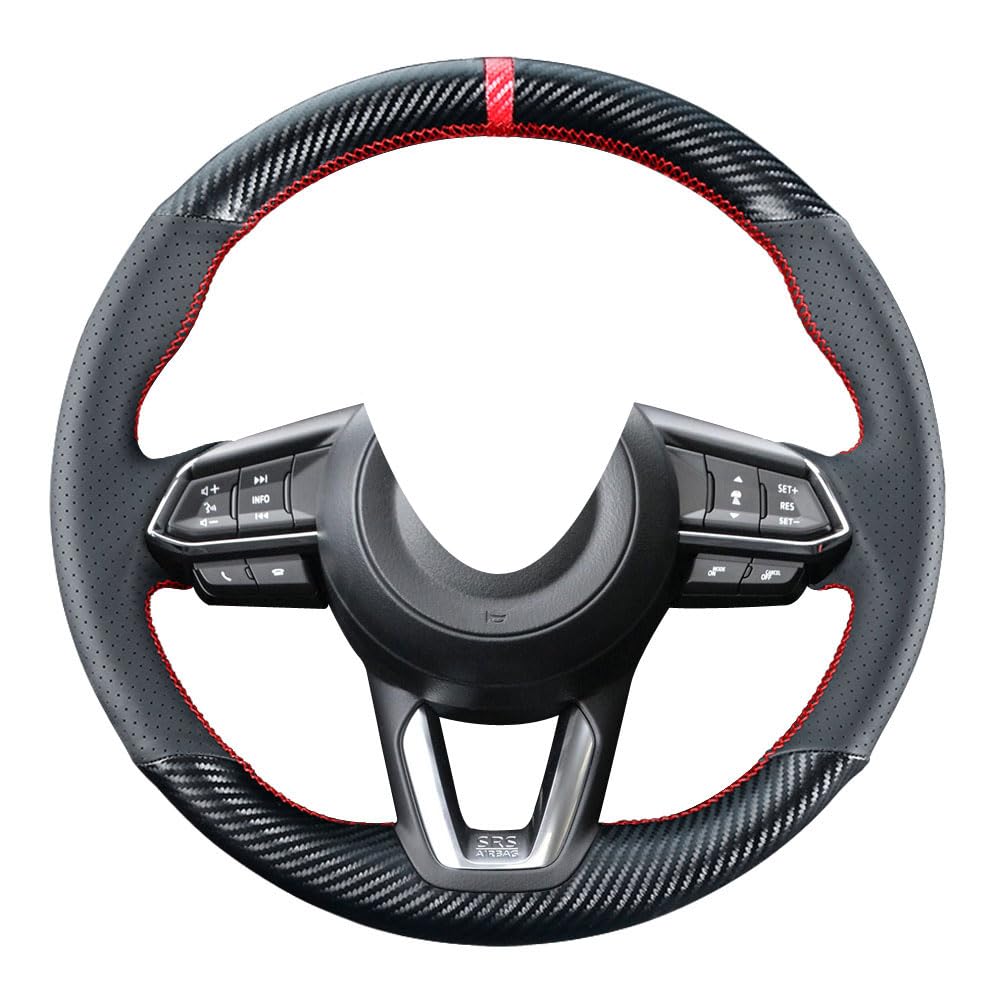 Carkooler Diy Steering Wheel Cover Custom Fit For 2017 2018 Mazda 3 / 2017-2020 Mazda Cx-5 Mazda 6 / 2016-2020 Cx-9 / 2018 2019 2020 Cx-3 15 Inches Black Leather Carbon Fiber Interior Accessories