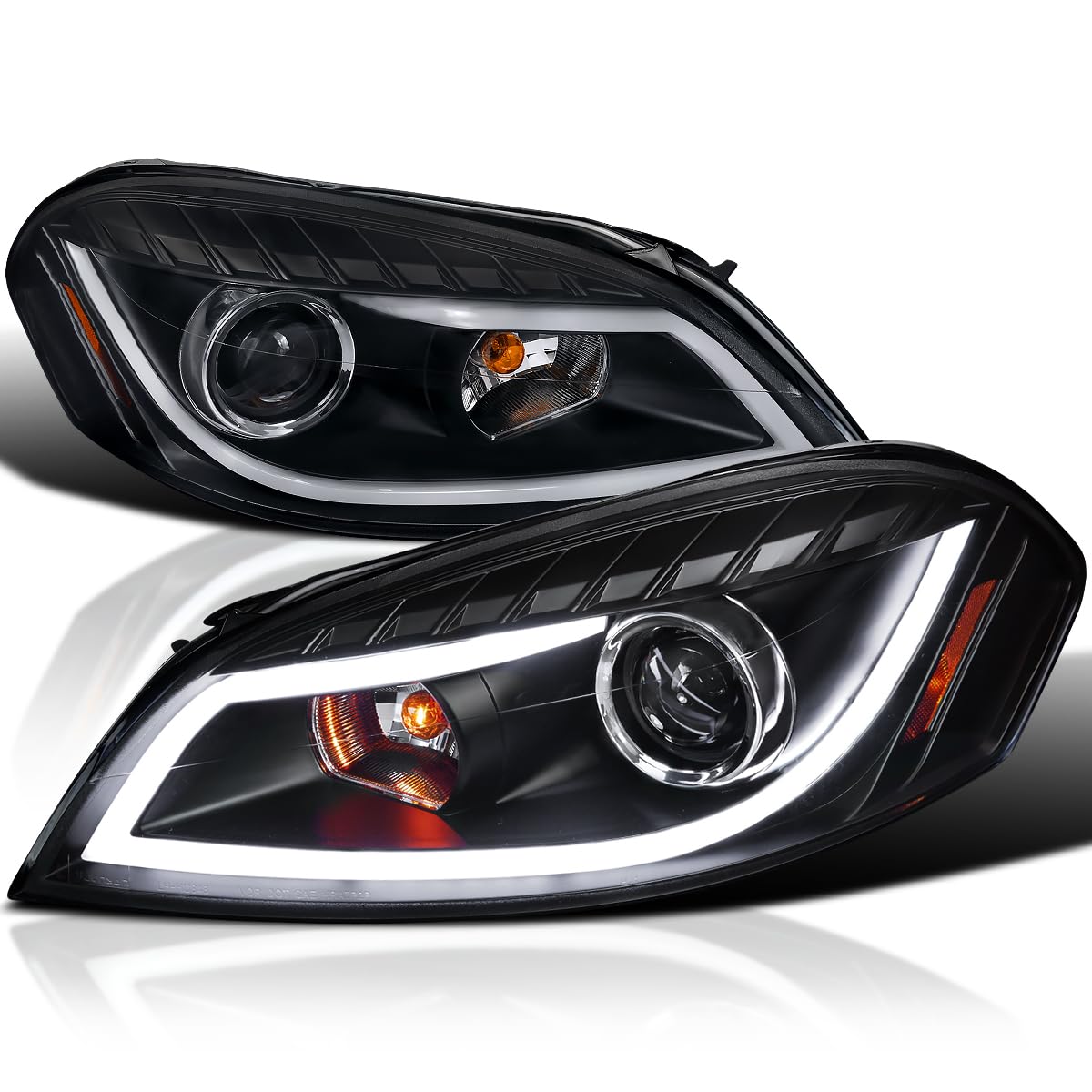 Spec-D Tuning Led Strip Bar Black Projector Headlights Compatible With 2006-2013 Chevy Impala, 2006-2007 Chevy Monte Carlo, 2014-2016 Chevy Impala Limited, Left + Right Pair Headlamps Assembly