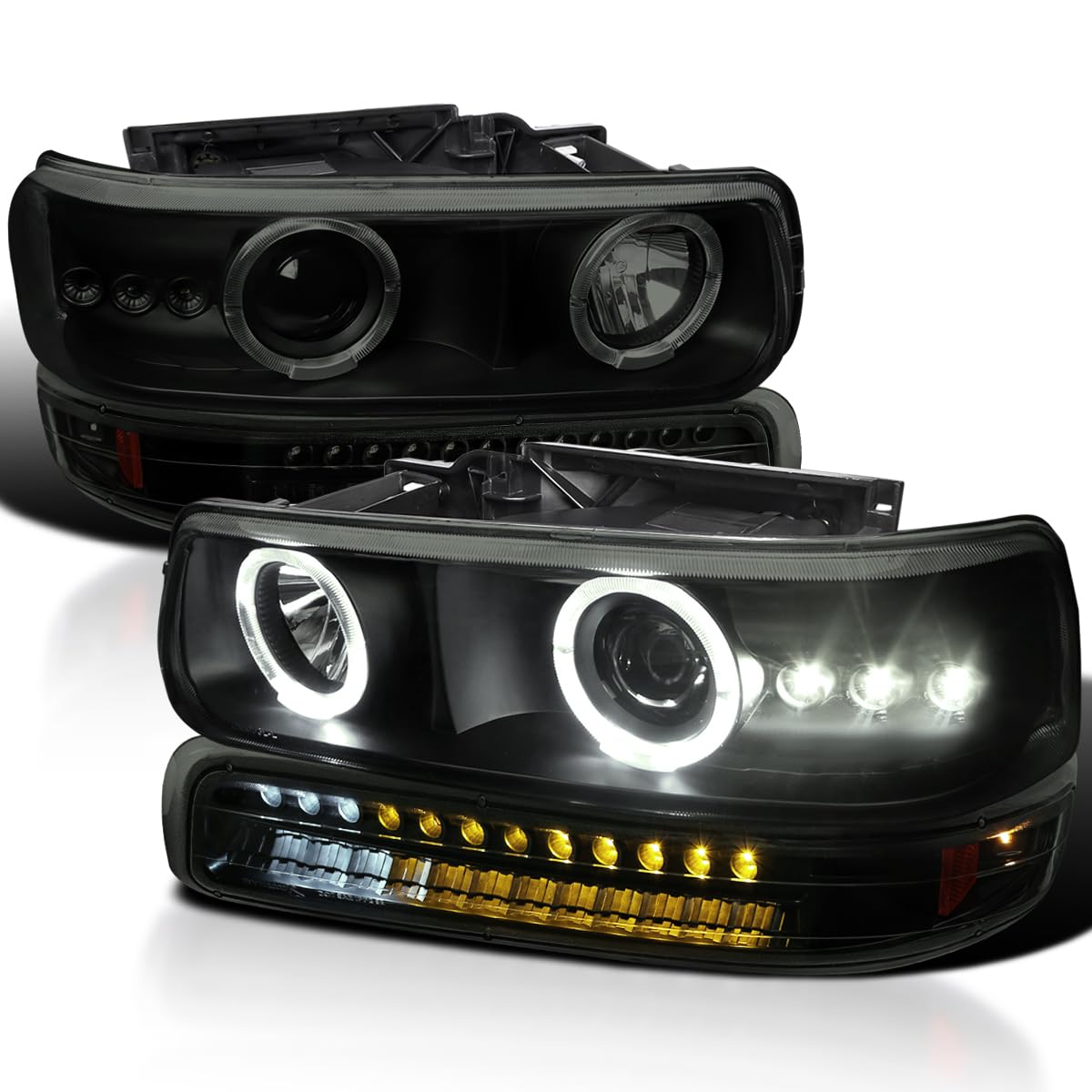 Spec-D Tuning Smoke Lens Led Halo Projector Headlights + Led Bumper Lights Compatible With 1999-2002 Chevy Silverado 1500/1500Hd/2500/2500Hd/3500 Left + Right Pair Headlamps Assembly