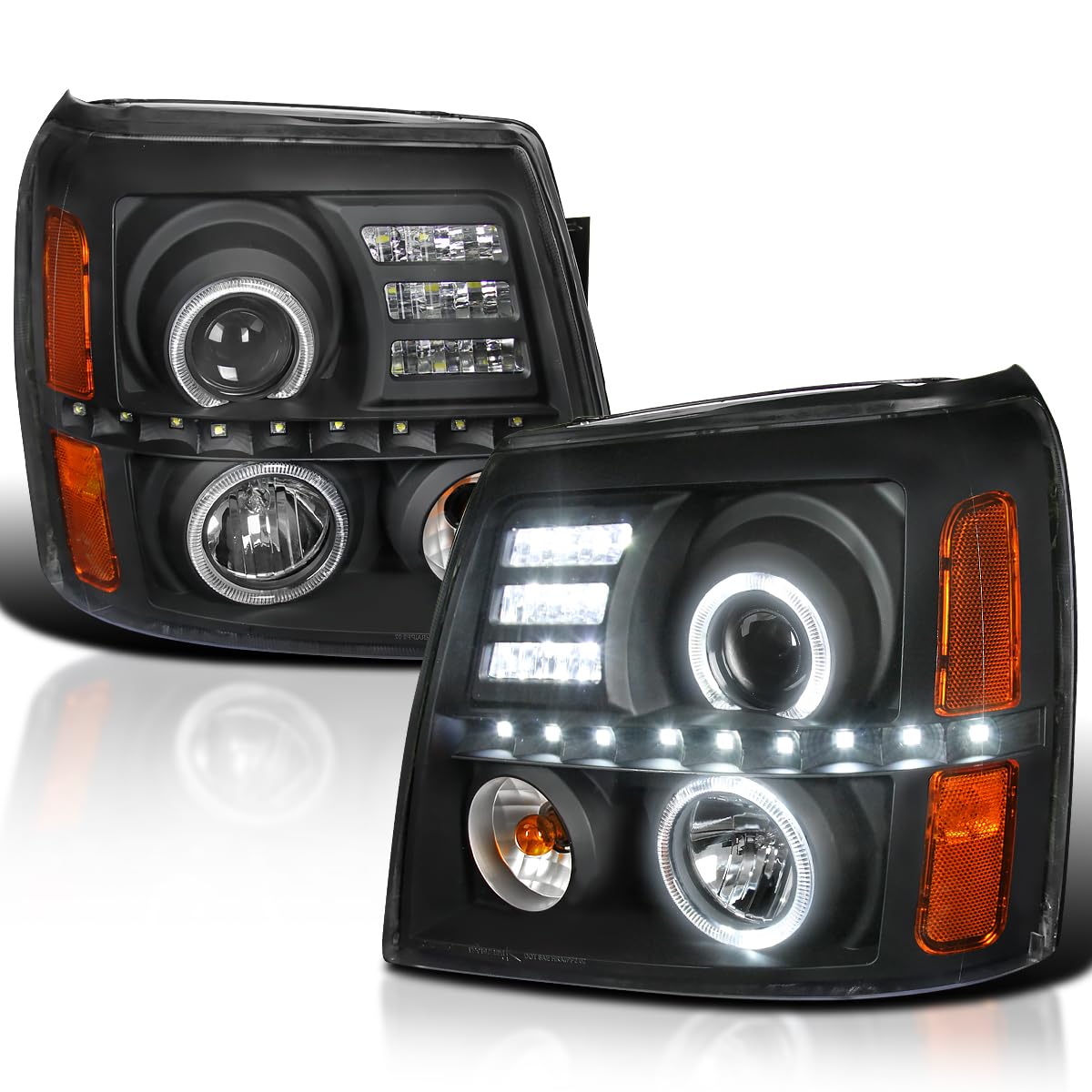 Spec-D Tuning Led Dual Halo Headlights Black Compatible With 2002-2006 Cadillac Escalade All, Left + Right Pair Headlamps Assembly