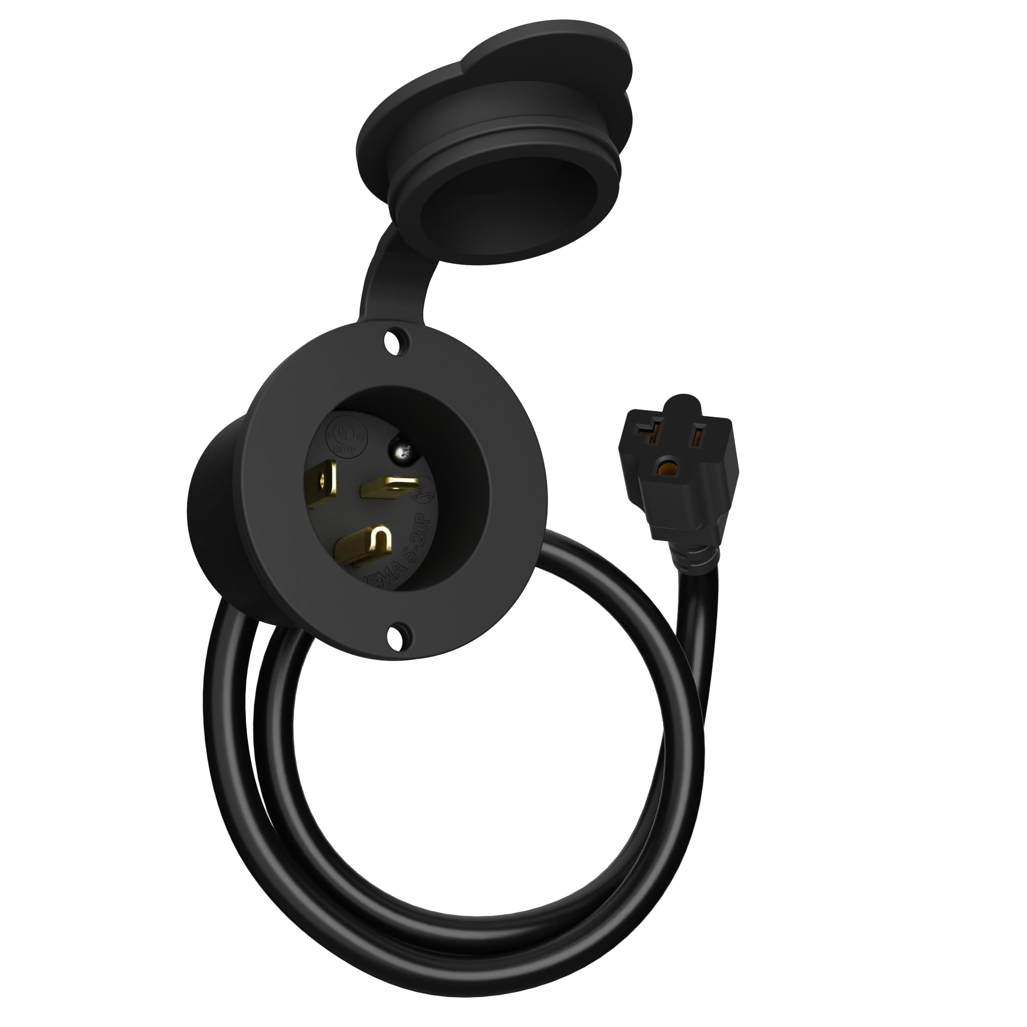 20 Amp Ac Power Inlet Port Charger Plug, By Journeyman-Pro 110-125 Volt Socket, Waterproof Electrical Outlet Receptacle, 20-Inch Integrated Outdoor Rv/Shore Extension Cord 5-20R(Gcp2 Black 20A)