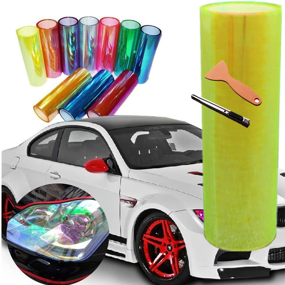 Diyah 12 X 48 Inches Self Adhesive Shiny Chameleon Headlights Tail Lights Fog Lights Films,Film Sheet Sticker,Tint Vinyl Film With Knife And Hand Tool (Fluorescence Yellow)