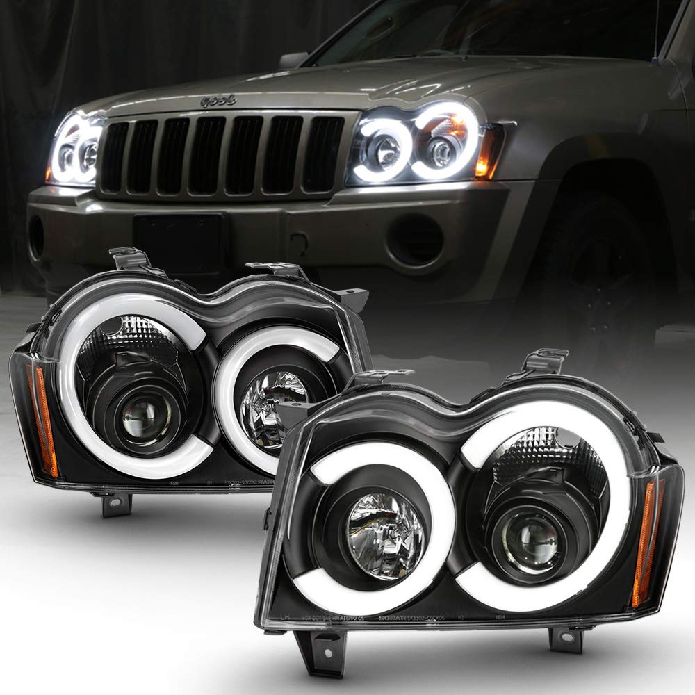 Acanii - For 2005-2007 Jeep Grand Cherokee Black Led Tube Projector Headlights Headlamps Assembly Driver & Passenger