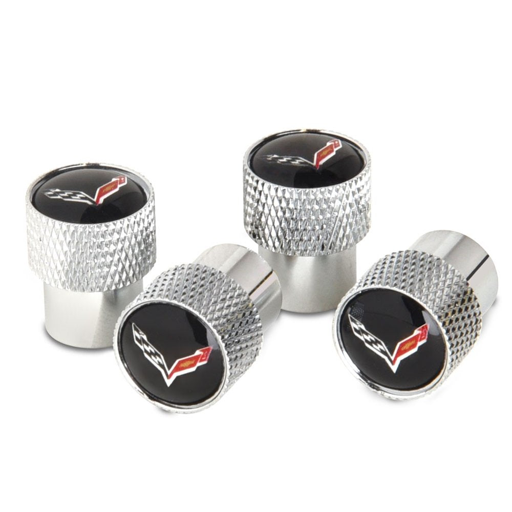 West Coast Corvette C7 Corvette Crossed Flags Logo Aluminum Valve Stem Caps (Knurled)