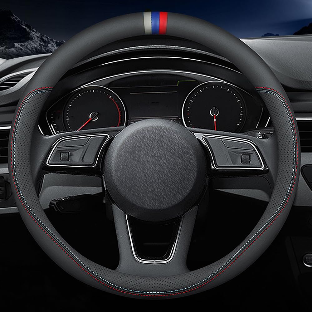 Carodi Latest Nappa Leather Car Steering Wheel Cover, Stylish Non-Slip Leather Car Interior 15 Inches Universal Black(Red And Blue Signs)