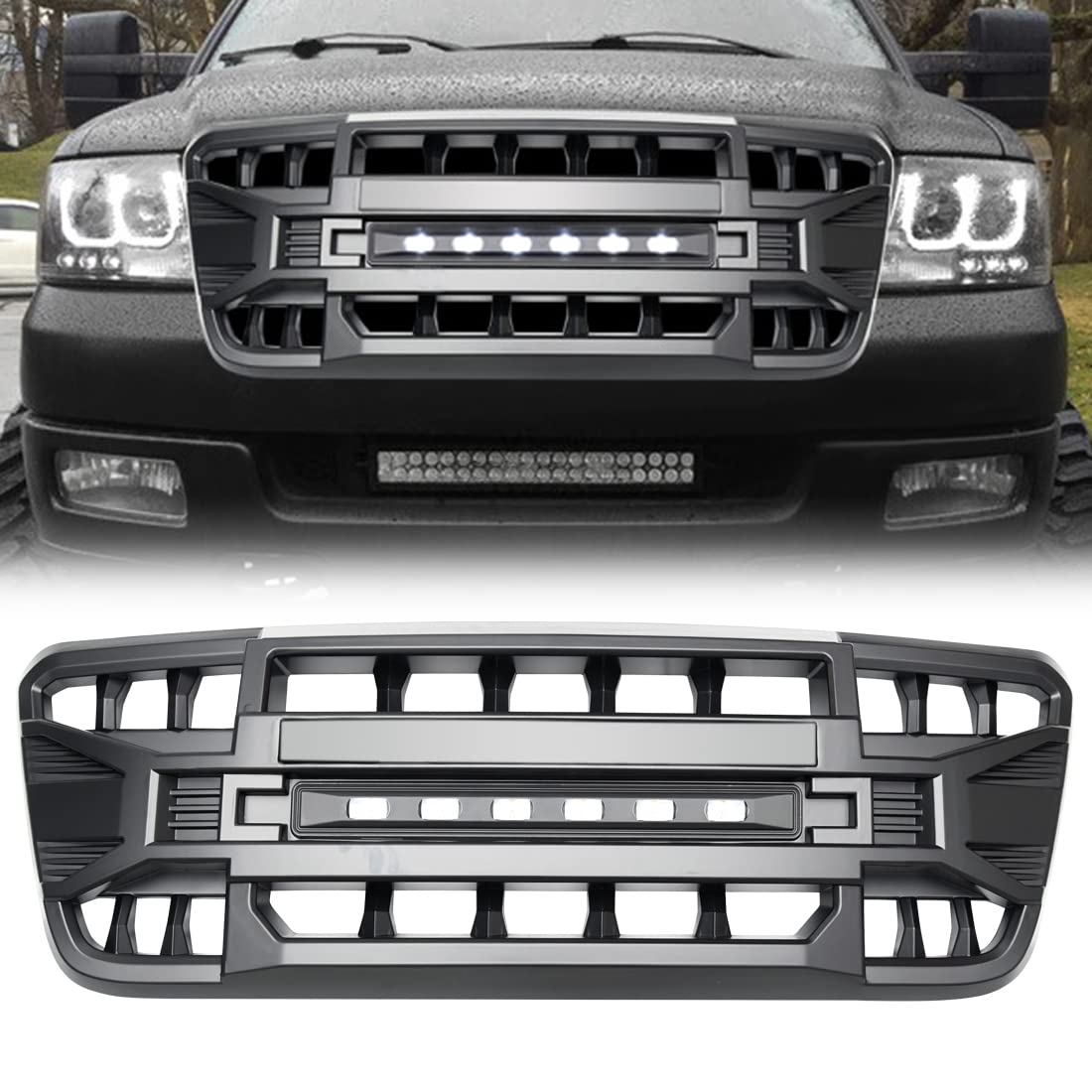 Megaie Front Grill Compatible With 2004 2005 2006 2007 2008 F150, Matte Black Front Bumper Grille W/Off-Road Lights