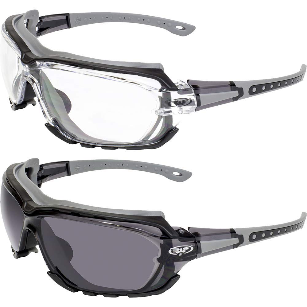 Global Vision 2 Pair Octane Padded Motorcycle Safety Sunglasses Clear And Smoke Lens Ansi Z87.1 (Gray)