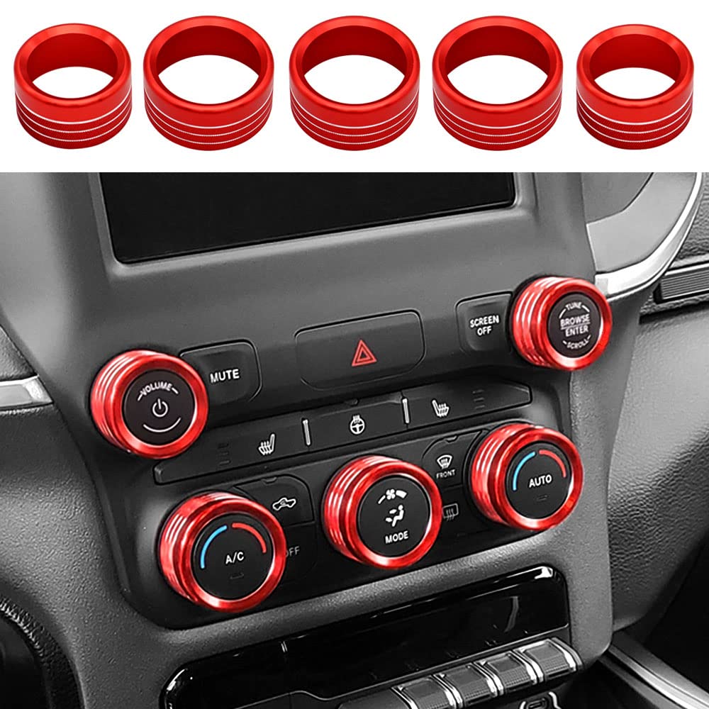Thor-Ind Ac Radio Knob Cover Compatible With Dodge Ram 2019 2020 2021 Air Conditioner Auto Climate Control Volume Tune Switch Knob Button Cover Trim Ring 5Pcs (Red)