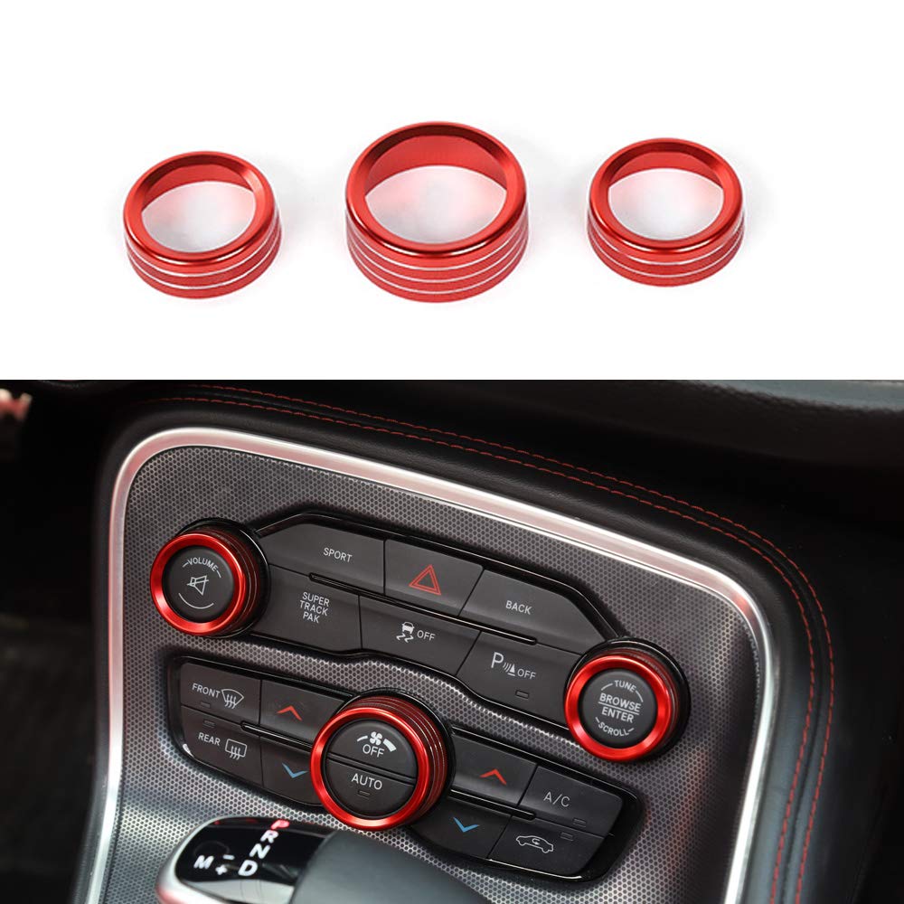 Keptrim Ac Knobs Air Conditioner Switch Button For 2015-2021 Dodge Challenger Charger Chrysler 300 300S, For 2013-2018 Ram, Red Aluminum, 3Pcs