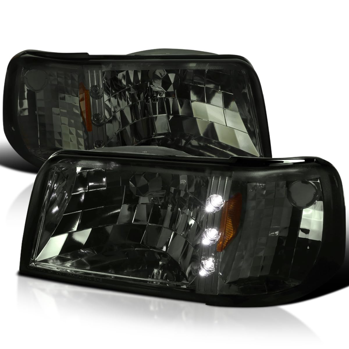 Spec-D Tuning Smoke Lens 1Pc Led Strip Headlights + Corner Lights Compatible With Ford Ranger 1993-1997 L+R Pair Head Light Lamp Assembly