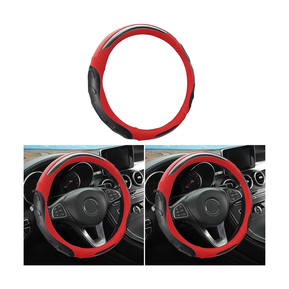 Leather Steering Wheel Cover, Auto Car Stretch Steering Wheel Protector, Universal 15 Inch Anti-Slip Breathable Odorless Steering Wheel Cover For Men Women (Black/Red)