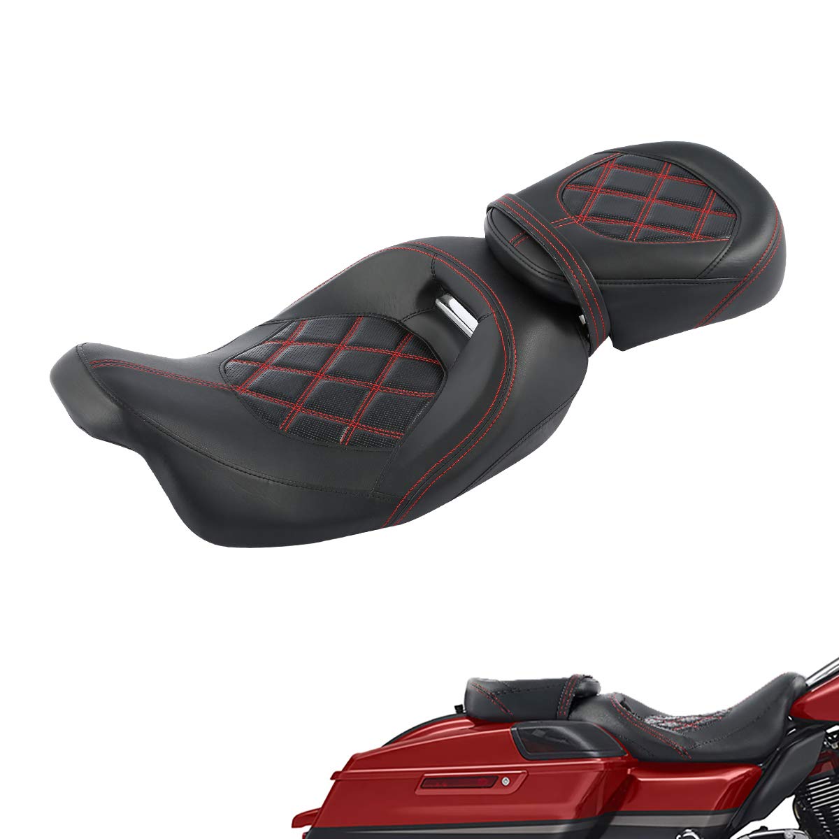 Low-Profile Driver Passenger 2-Up Seat Set Red Stitching Fit For Harley Touring Road King Flhr Street Glide Flhx 2009-Later Road Glide Fltrx Cvo Street Glide Flhxse Electra Glide Flhtcu