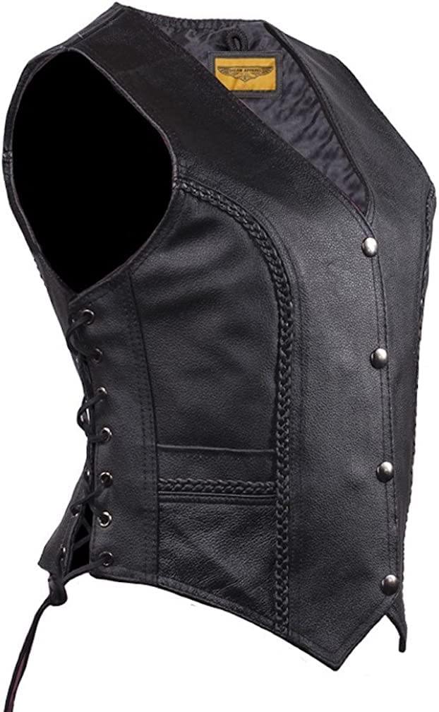 Womens Black Leather Motorcycle Vest With Braid On Front And Back Side Laces (As1, Alpha, X_L, Regular, Regular)