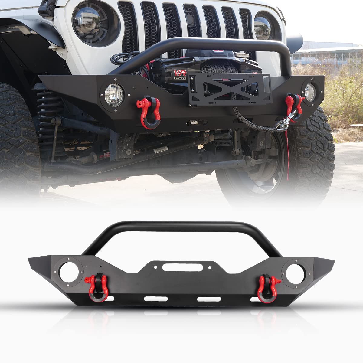 Wolfstorm Front Bumper Fit For 2007-2018 Jeep Wrangler Jk/Jku, Full Width Front Bumper For 2018-2024 Jeep Wrangler Jl/Jlu, Steel Front Bumper For 2019-2024 Jeep Gladiator Jt W/ 2Xd-Ring Shackles