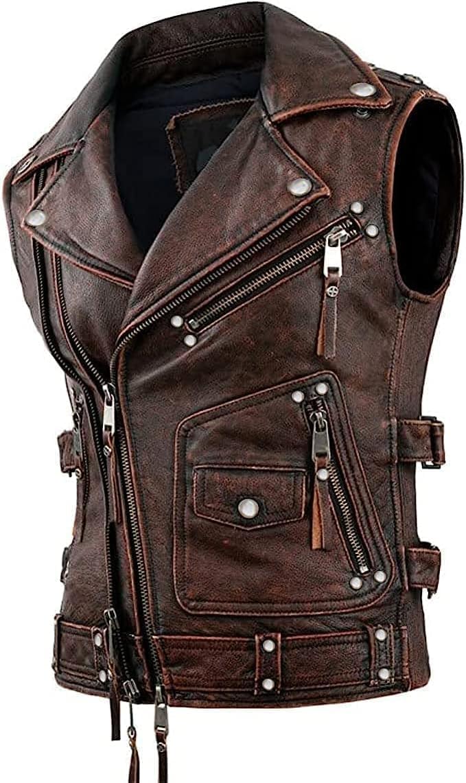 Cheemaz Men’S Vintage Negan Cowhide Brown Biker Riding Sleeveless Motorcycle Leather Vest (As1, Alpha, X_L, Regular, Regular, Brown)