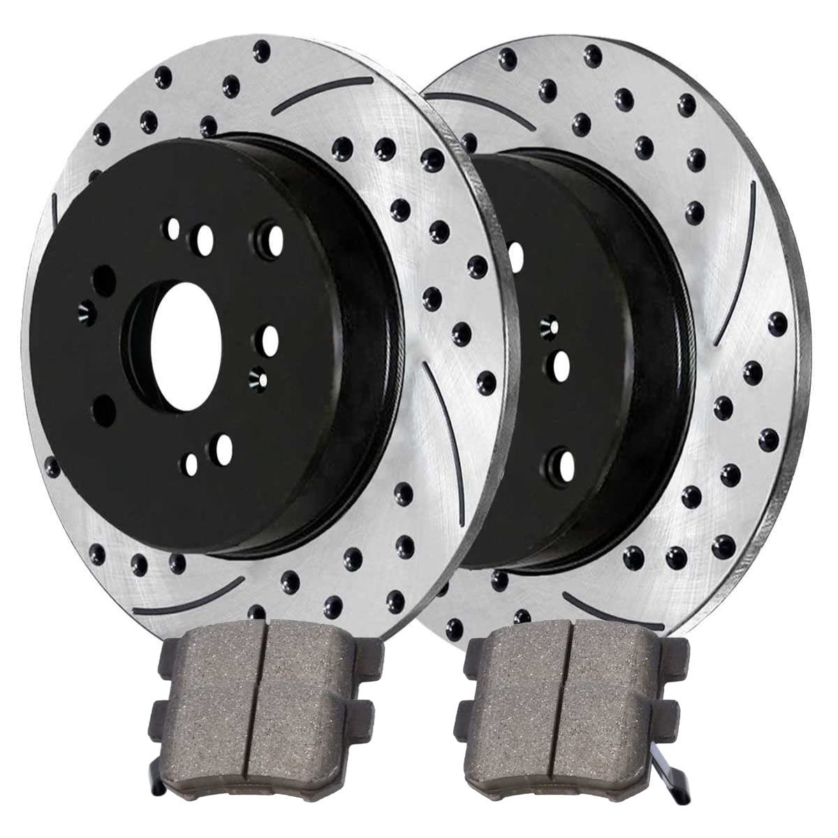 Autoshack Rear Drilled And Slotted Brake Kit Rotors Black And Ceramic Pads Pair Of 2 Driver And Passenger Side Replacement For 2005-2016 Honda Cr-V 2010-2018 Acura Rdx 4Wd Awd Fwd Scdpr41374413741086