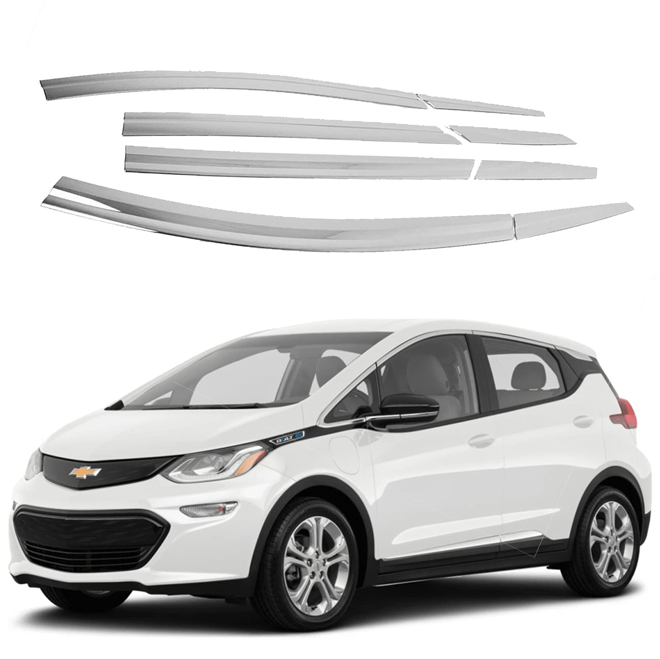 Autoclover Tape-On Rain Guards Window Visors 8 Pcs Set For Chevrolet Bolt Ev 2017 2018 2019 2020 2021 2022 2023 / Window Deflectors, Out-Channel Vent Shades (Chrome)