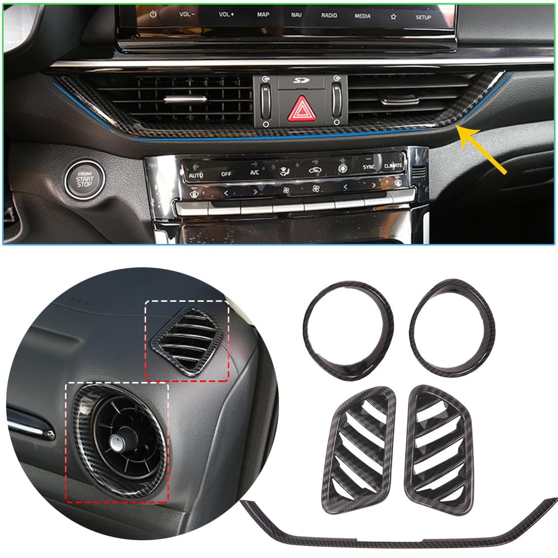 Muxee For Kia Forte 2019-2024 5Pcs Abs Carbon Fiber Center Contro Airconditioning Vent Frame Dashboard Upper Wind Outlet Cover Trims Stickers Dashboard Left Right Air Vent Outlet Trim