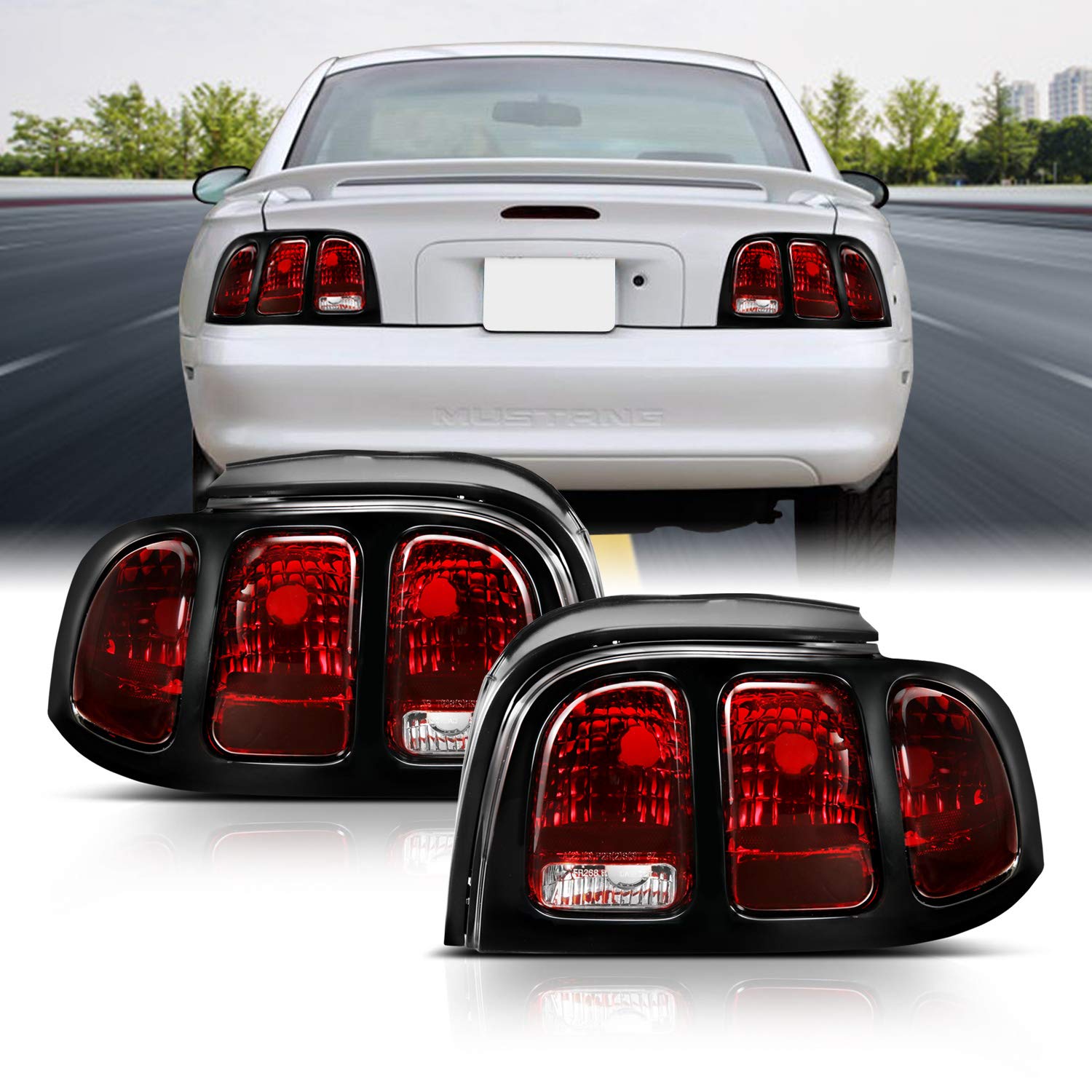Amerilite For 1994-1998 Ford Mustang Black Housing Dark Red Oe Style Replacement Brake Tail Lights Set - Passenger And Driver Side