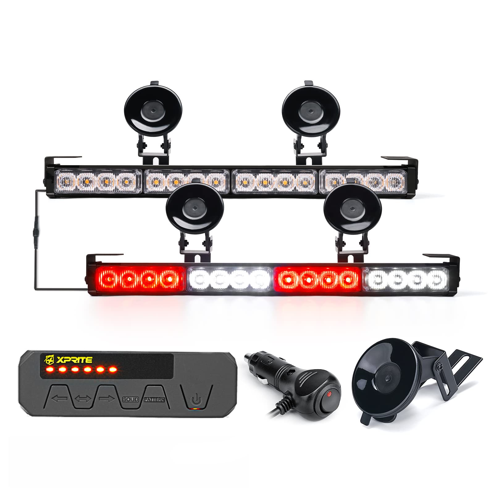 Xprite Led Emergency Traffic Advisor Strobe Dual Light Bar, Interior Windshield Deck Visor Safety Hazard Warning Flashing Lightbars W/Control Box, For Ambulance Volunteer Vehicle Trucks White&Red