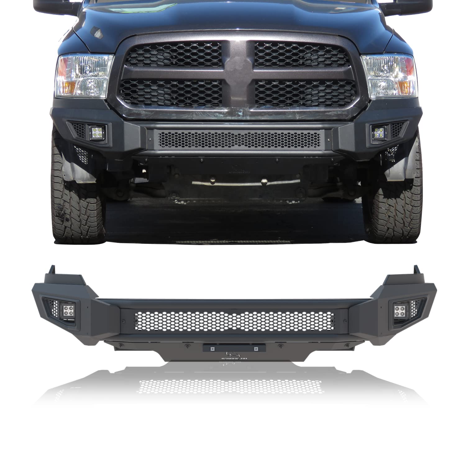 Ironbison Front Bumper For 2013-2018 Dodge Ram 1500 (Exclude Rebel Trim) Pickup Truck Bumper Guard With 2 Led Fog Light Splash Guard Can Add 30” Led Light Fine Textured Black