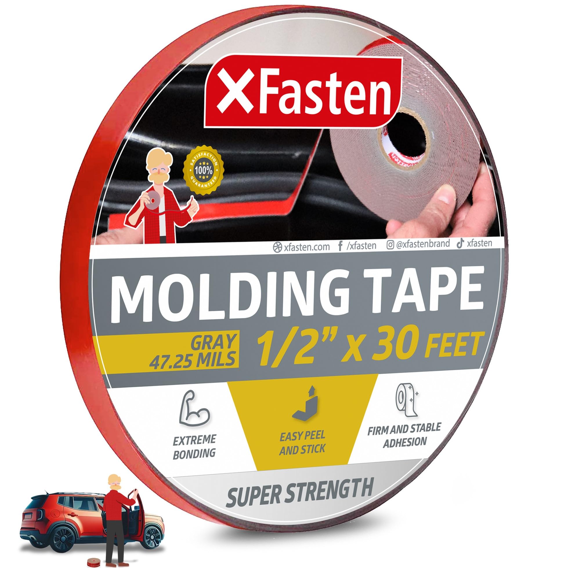 Xfasten Super Strength Automotive Molding Tape, Gray, 1/2-Inch X 30-Foot, Double Sided Exterior Mounting Tape For Auto Body Molding, Trim, Side Mirror, Emblem, Nameplate And Outdoor Applications