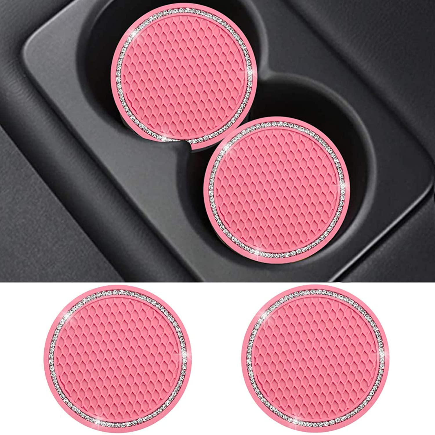 Bling Car Coasters Pink Pvc Travel Auto Cup Holder Insert Coaster Anti Slip Crystal Vehicle Interior Accessories Cup Mats For Women And Girl (2.75' Diameter,Pack Of 2) (Pink)