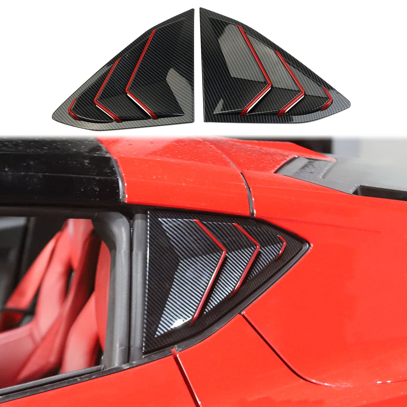 Carbon Fiber Side Window Louvers Air Vent Shades Cover Trim For Chevrolet Corvette C8 Coupe 2020-2022 (Carbon Fiber-Red Line)
