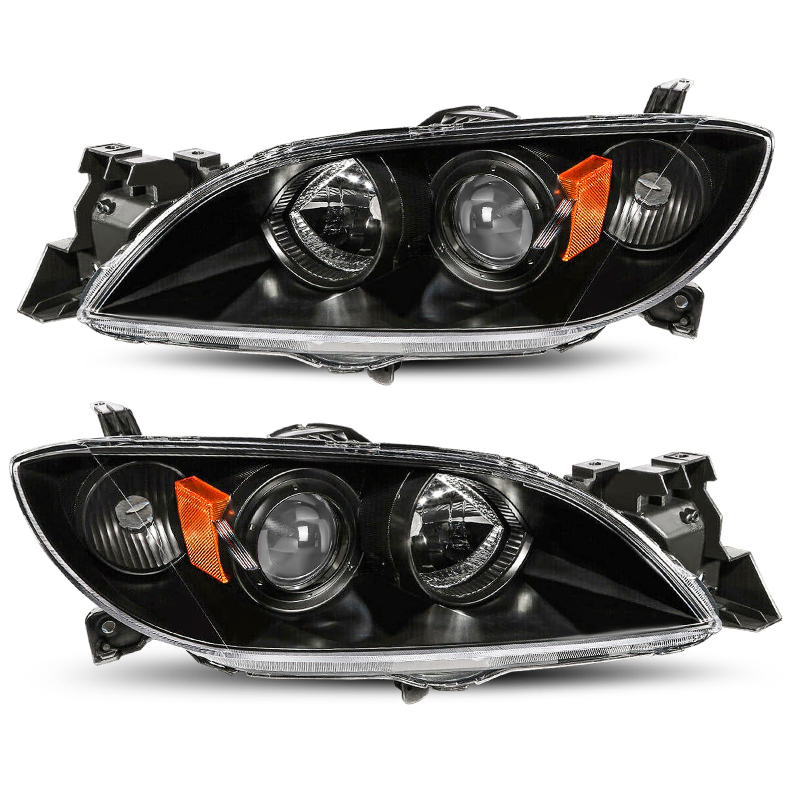 Jsboyat Halogen Headlight Assembly Compatible With 2004-2009 Mazda 3 Sedan 4-Door Driver And Passenger Side Black Housing With Amber Reflector