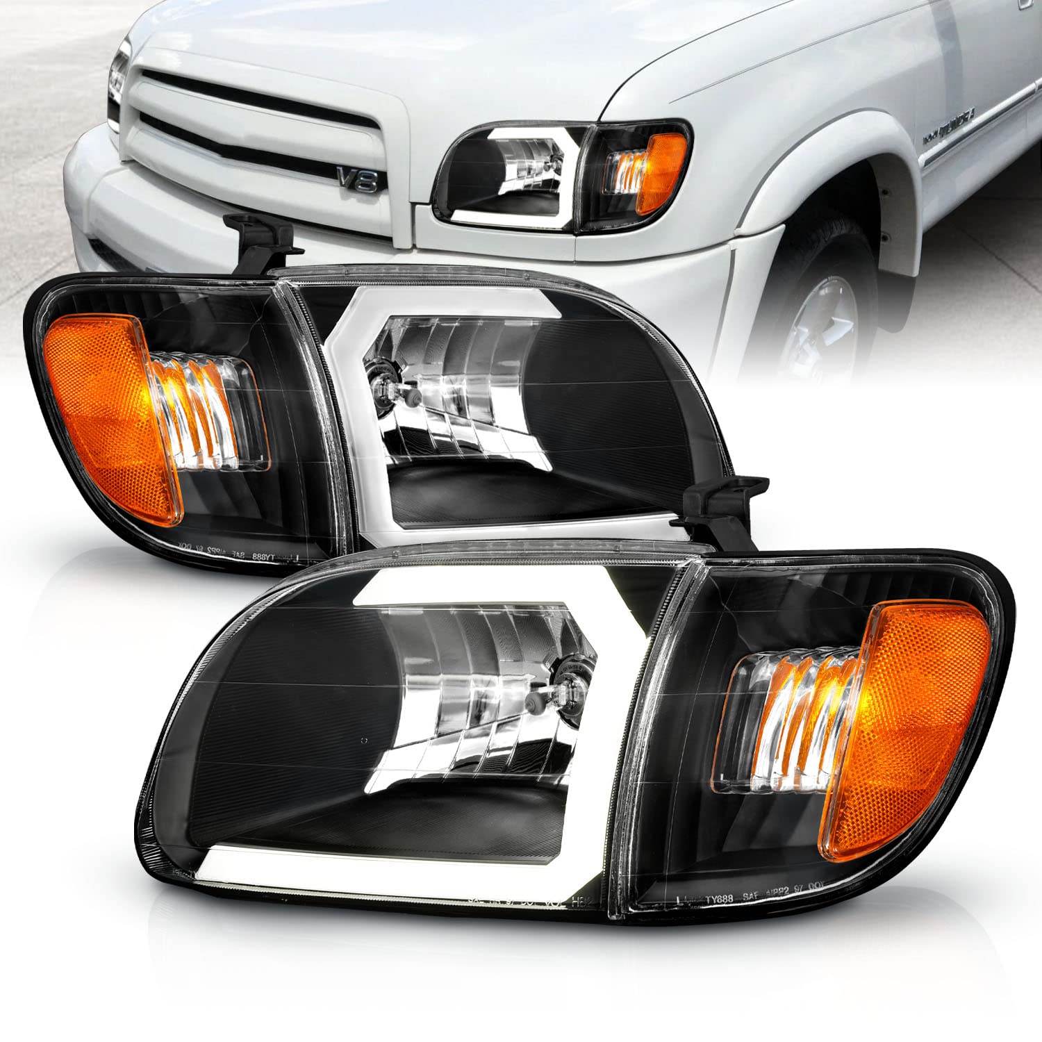 Amerilite For 2000-2004 Toyota Tundra Regular | Access Cab C-Type Led, Halogen, Pickup Truck Tube Headlight Corner Lamp Set - Driver And Passenger Side, Vehicle Light Assembly, Black