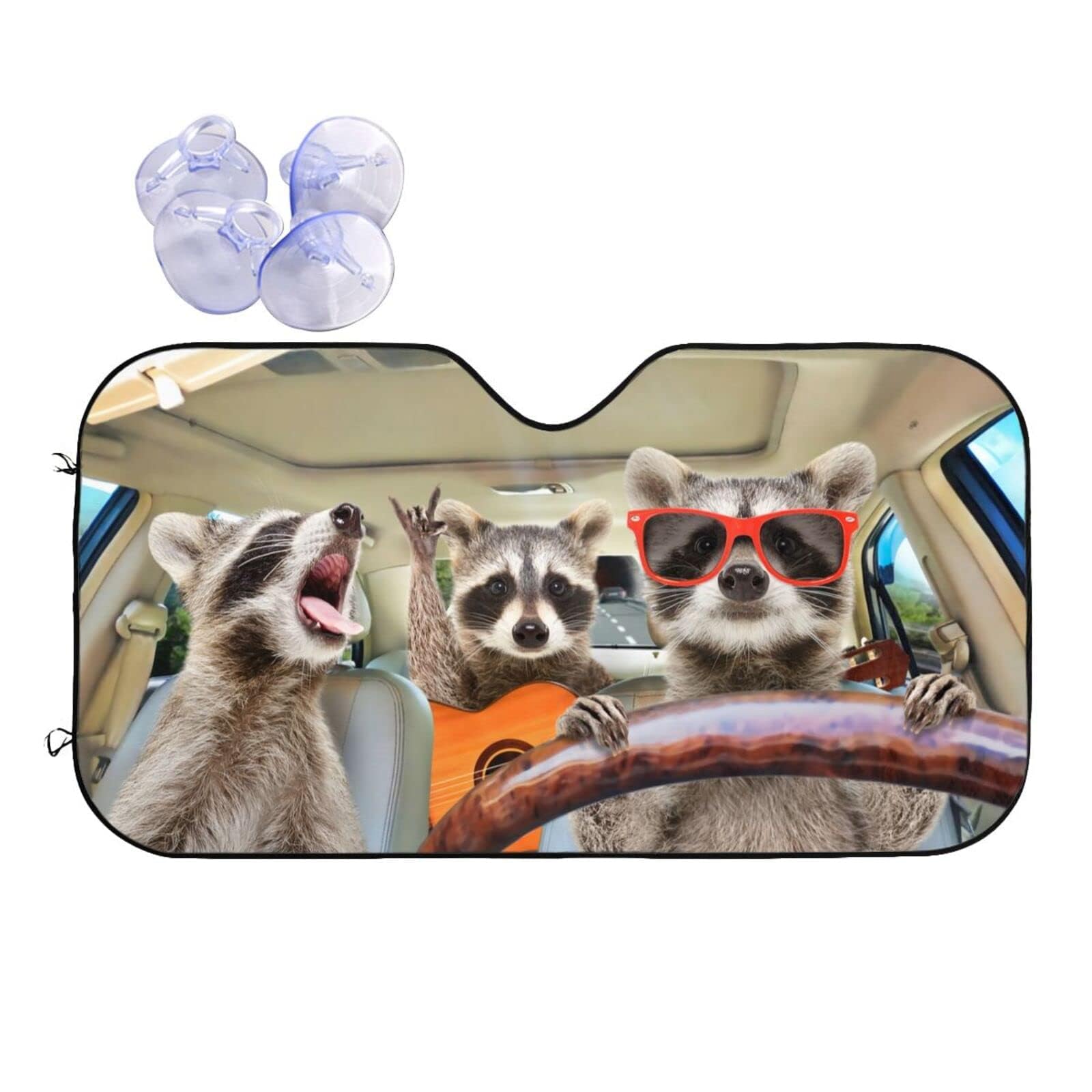 Begarm Three Funny Raccoons Animals Windshield Sun Shade For Car Suv Truck(51'' X 27.5'') Front Window Sun Shade Visor Shield Cover (Upgrade Hardened)