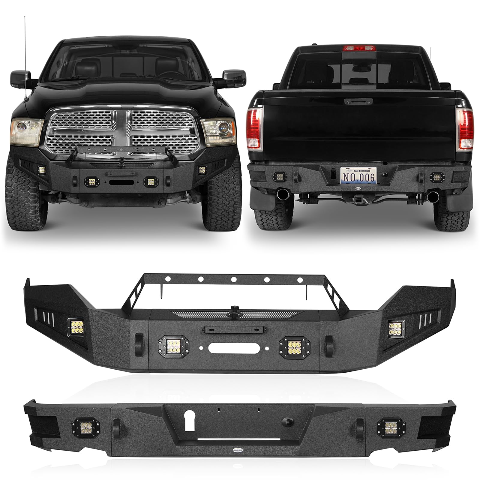 Hooke Road Ram 1500 Front And Rear Bumpers Set, Offroad Bumpers W/Winch Plate & Led Lights For 2013-2018 Dodge Ram 1500 Truck (Exclude Rebel)