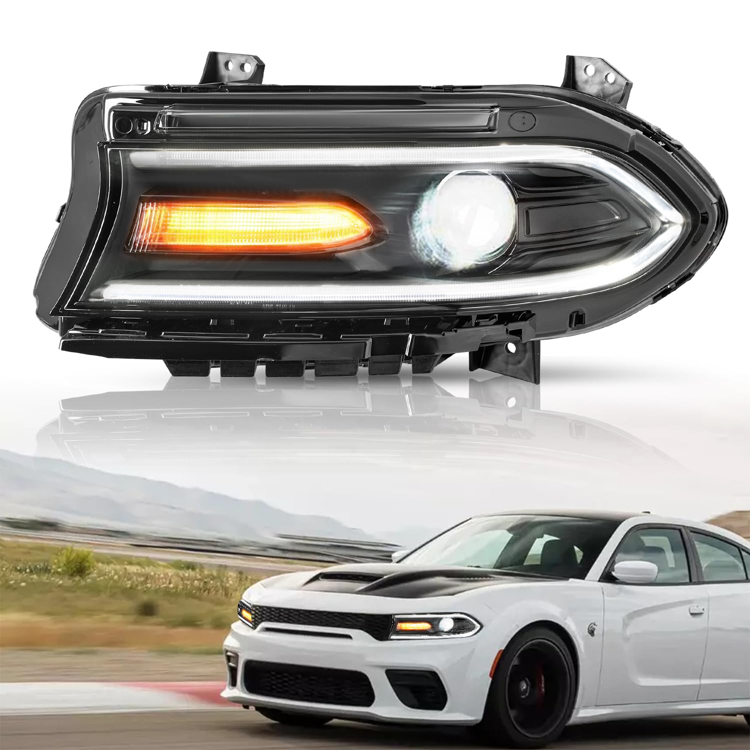 Tusdar Halogen Headlight Assembly Replacement For 2015 2016 2017 2018 2019 2020 2021 2022 Dodge Charger Projector Headlamp W/Led Drl Left/Driver Side