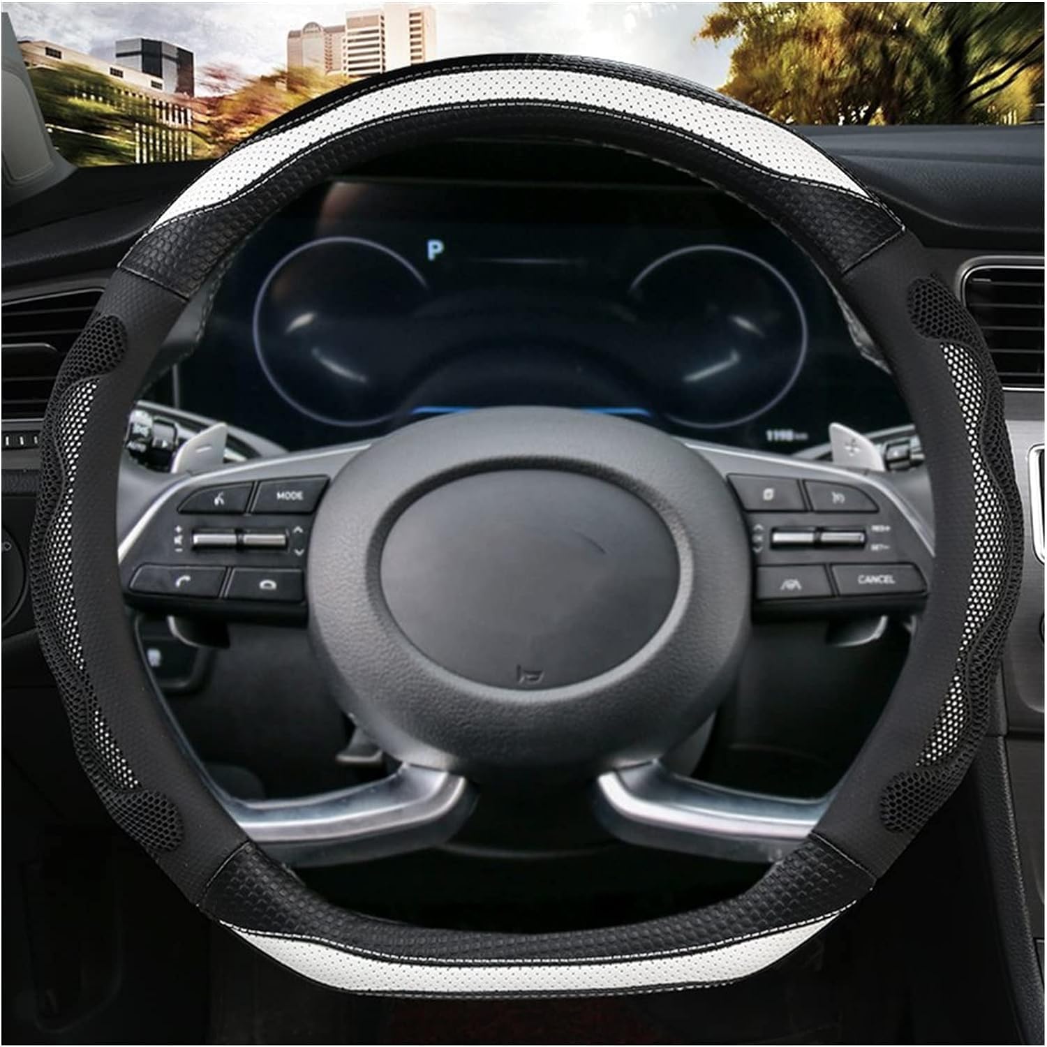 D Cut Steering Wheel Cover - D Shaped Flat Bottom Microfiber Leather Anti-Skid Breathable Fit 14.5'-15' (Black White)