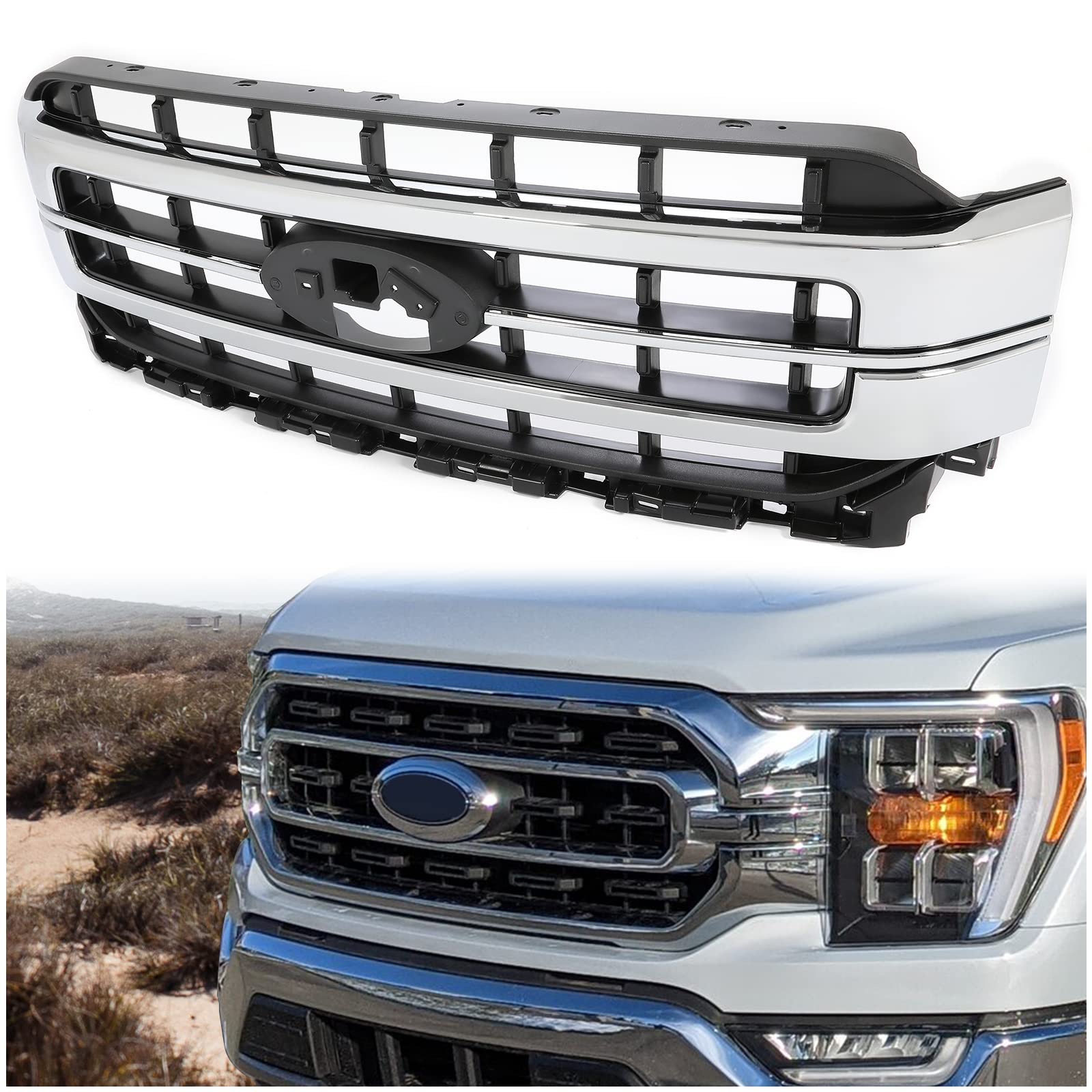 Kuafu Front Bumper Grille Compatible With 2021-2023 Ford F150 Sport Lariat Grill Replacement For Ml3Z-8200-Fa Chrome Silvery+Black