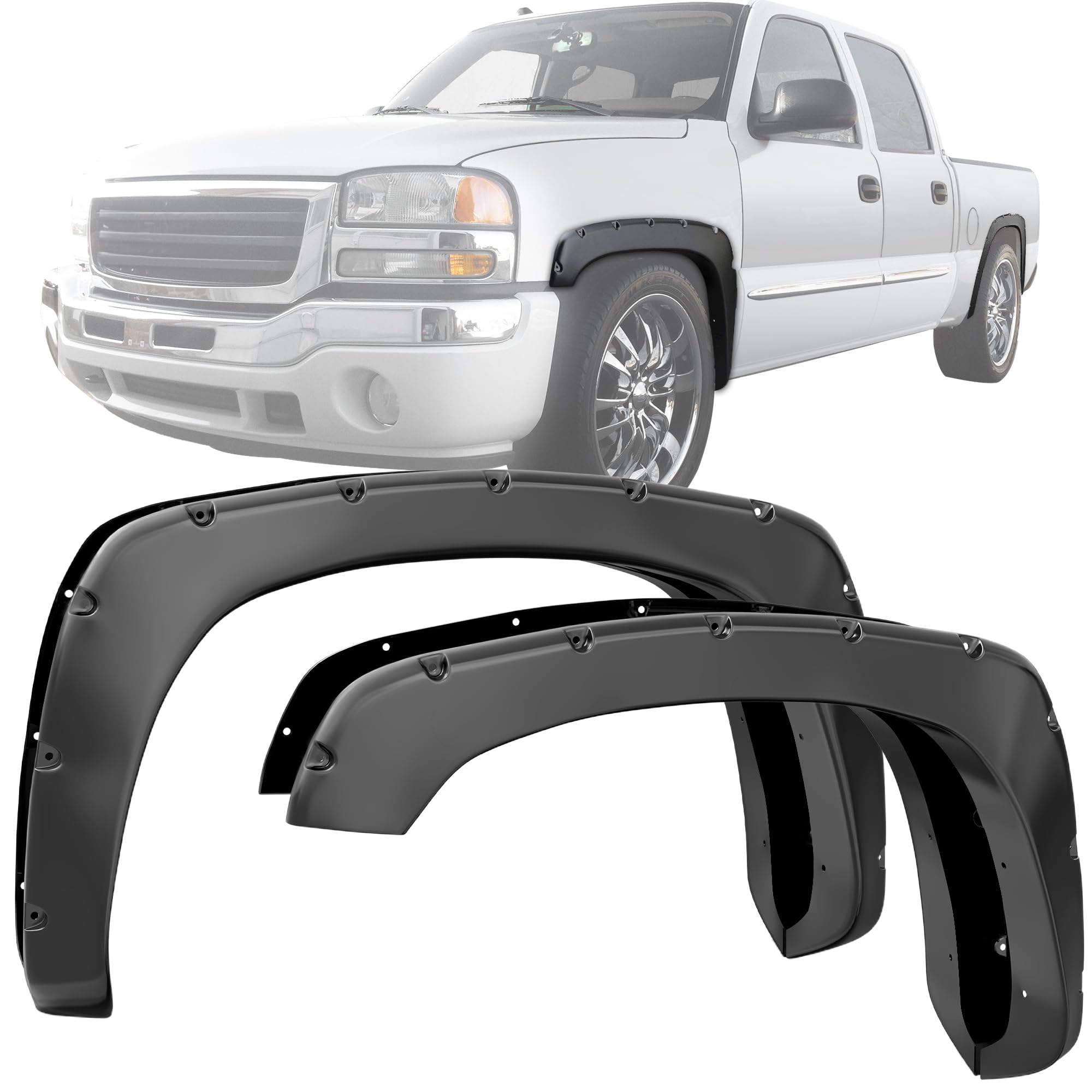 Ledkingdomus Front Rear Fender Flares Kit Compatible For 1999-2006 Chevy Silverado/Gmc Sierra 1500 2500Hd 3500Hd (Incl. 2007 Classic Models), Smooth Black Wheel Well Cover Guards Pocket Rivet Style
