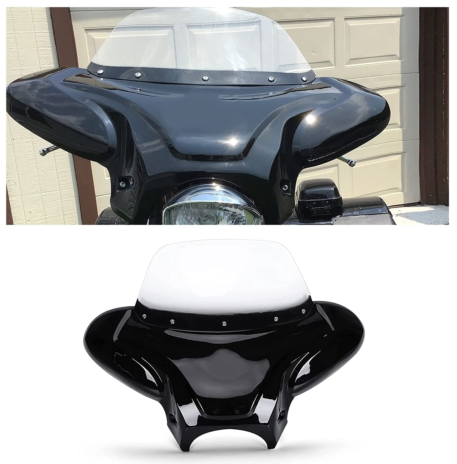 Ecotric Universal Motorcycle Cruiser Front Outer Fairing Batwing W/Clear Windshield 37' Wide X 24' Tall Bat Wing Transparent Black Abs Plastic Durable