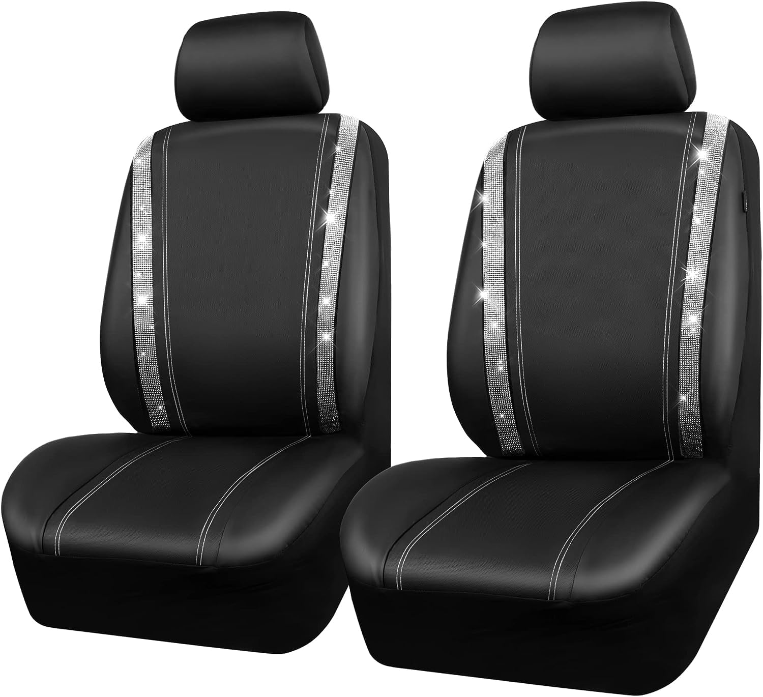 Car Pass Leather Diamond Bling Car Seat Cover 2 Front Interior Sets, Waterproof Universal Shining Glitter Crystal Sparkle Fit For 95% Automotive Truck Suv Cute Women Girl, Black Silver Rhinestone