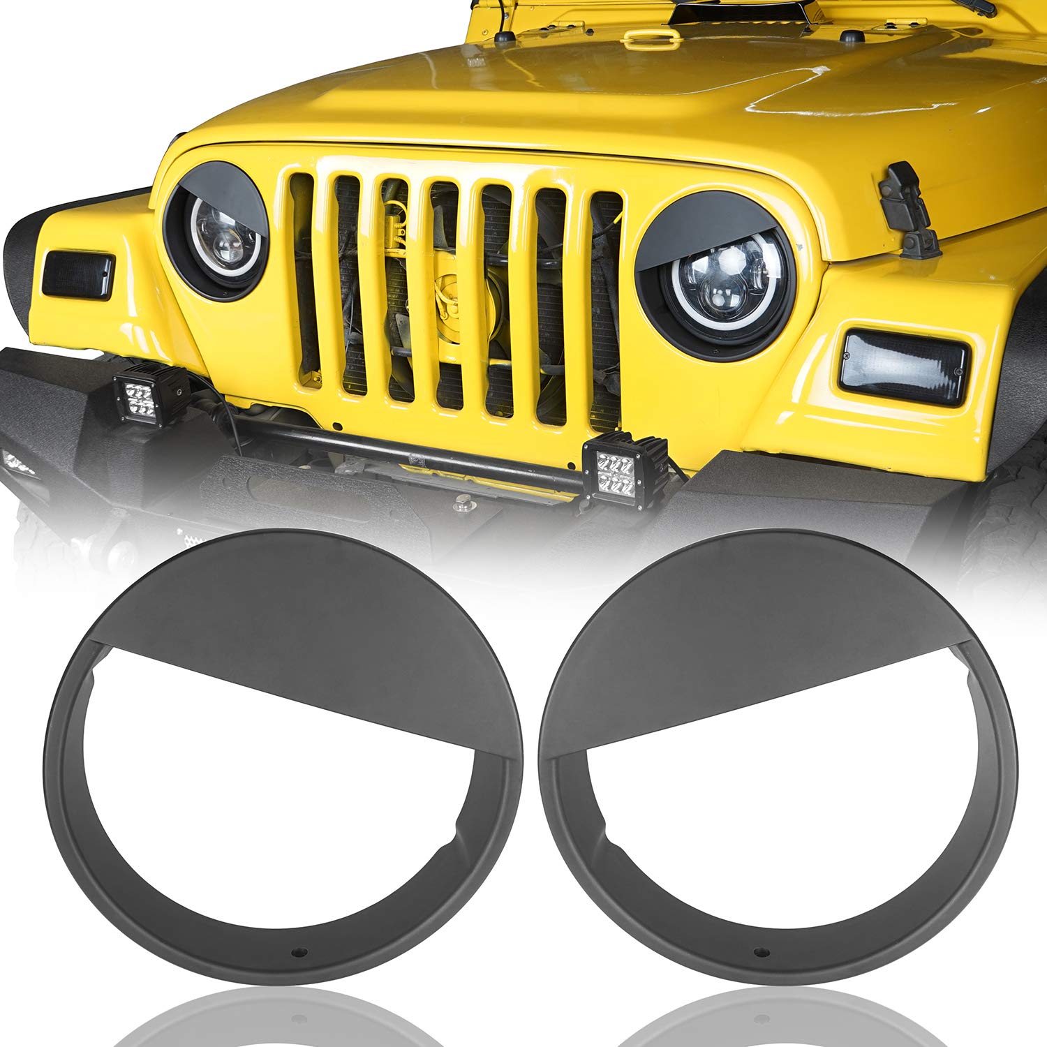 Hooke Road Matte Black Headlight Bezels Angry Bird Cover Compatible With Jeep Wrangler Tj 1997-2006- Pair