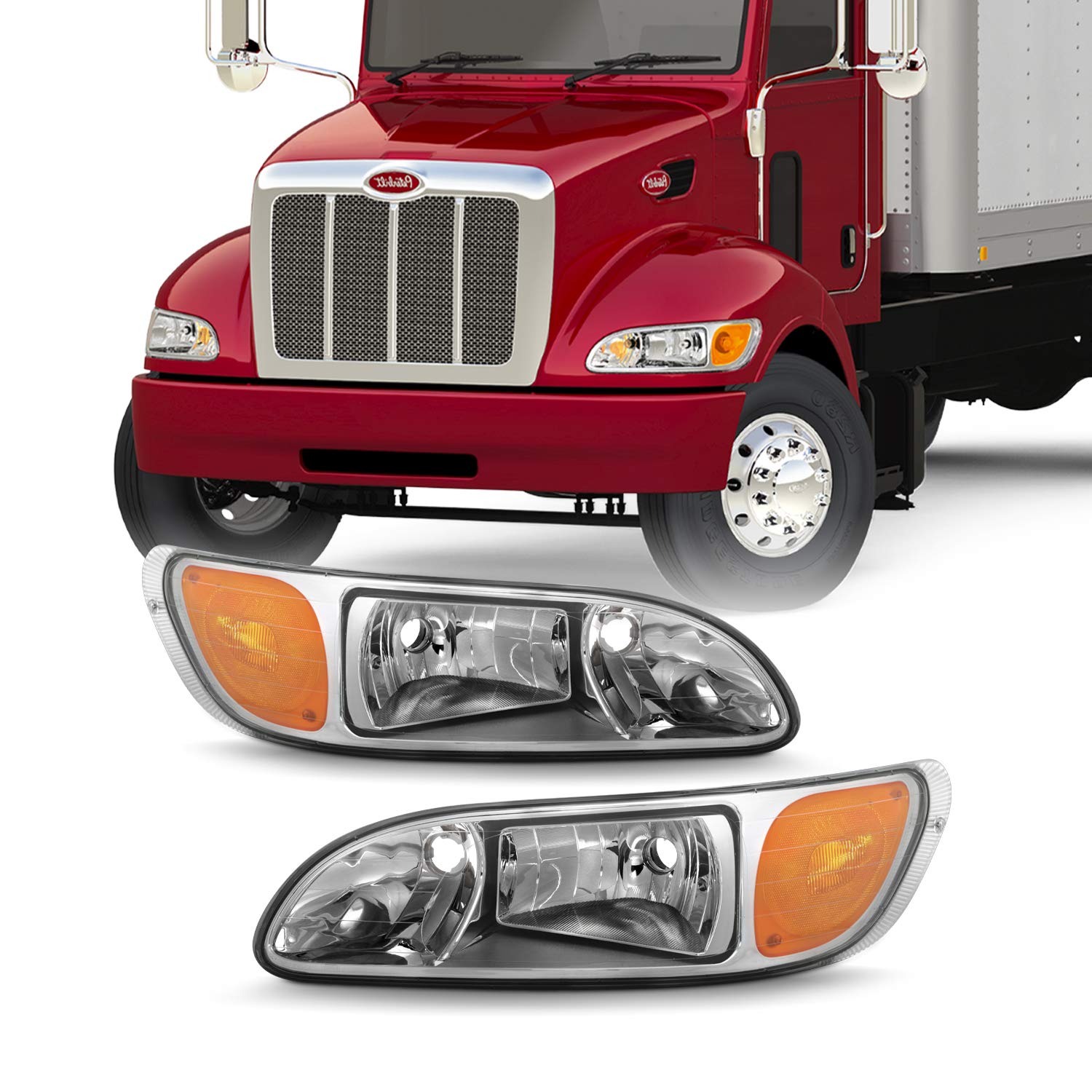 Akkon - For 2005-2015 Peterbilt Class 8 Trucks 325 384 386 330 335 337 340 348 382 Oe Chrome Housing Headlights
