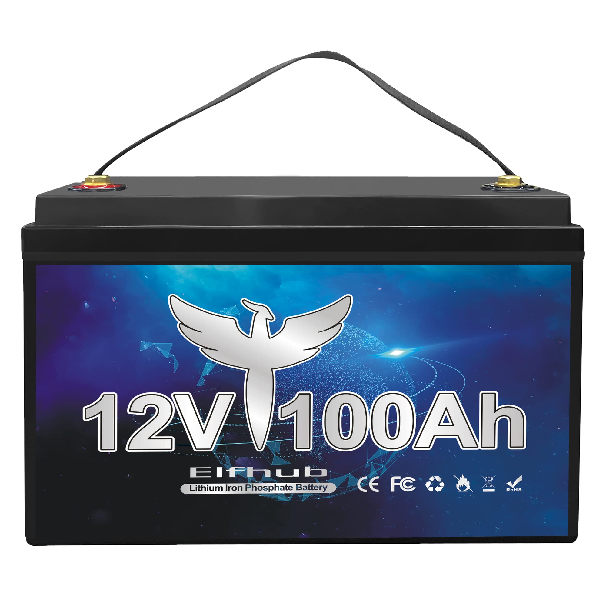 Elfhub 12V 100Ah Lifepo4 Lithium Battery, Upgraded 100A Bms, 10-Year Lifespan With Up To 15000 Cycles, Max. 1280Wh Energy,Perfect For Rv, Solar, Trolling Motor