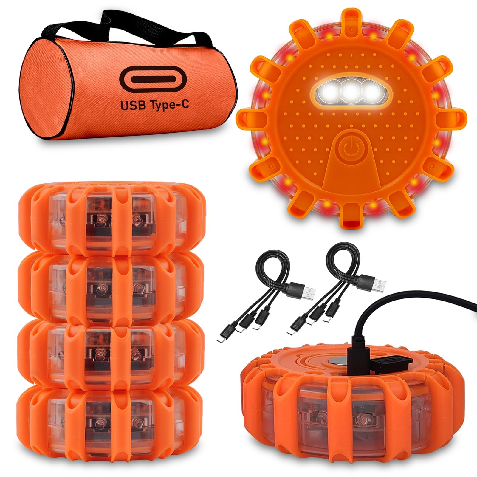 Ecoangel Usb-C Rechargeable Led Road Flares Emergency Lights-Large Capacity (Lithium Battery) 3 In 1 Cable Roadside Warning Car Safety Beacon Flashing Disc Flare Kit With Magnetic Base For Vehicles