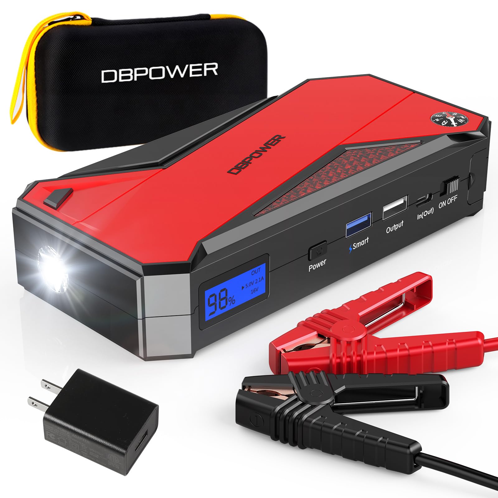 Dbpower Peak 2000A 18000Mah Portable Car Jump Starter (Up To 7.2L Gas, 5.5L Diesel Engine) Battery Booster With Smart Charging Port, Compass, Lcd Screen And Led Light (Black/Red)