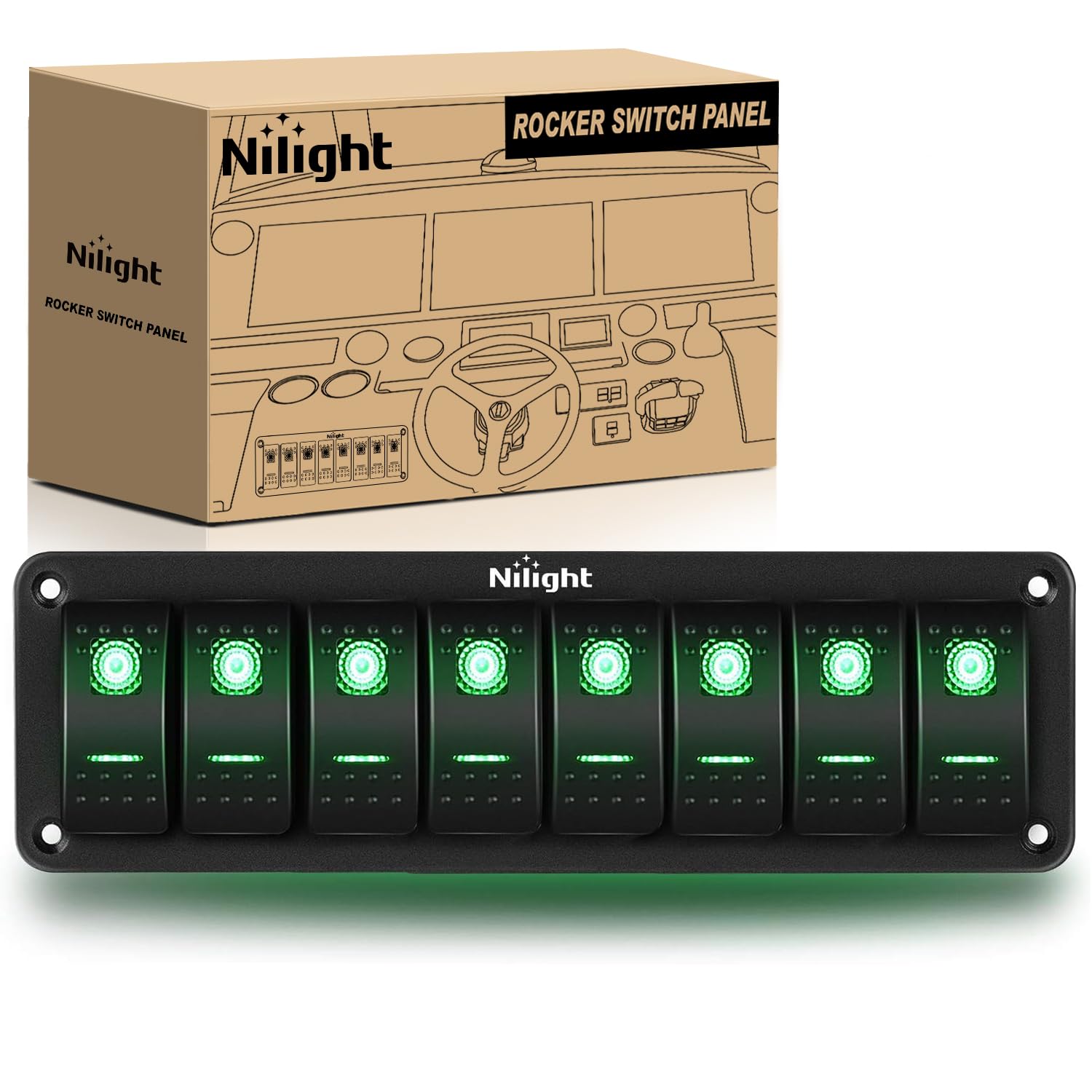 Nilight 8 Gang Rocker Switch Panel 5Pin On Off Toggle Switch Aluminum Holder 12V 24V Dash Pre-Wired Green Backlit Switches For Automotive Cars Marine Boats Rvs Truck, 2 Years Warranty