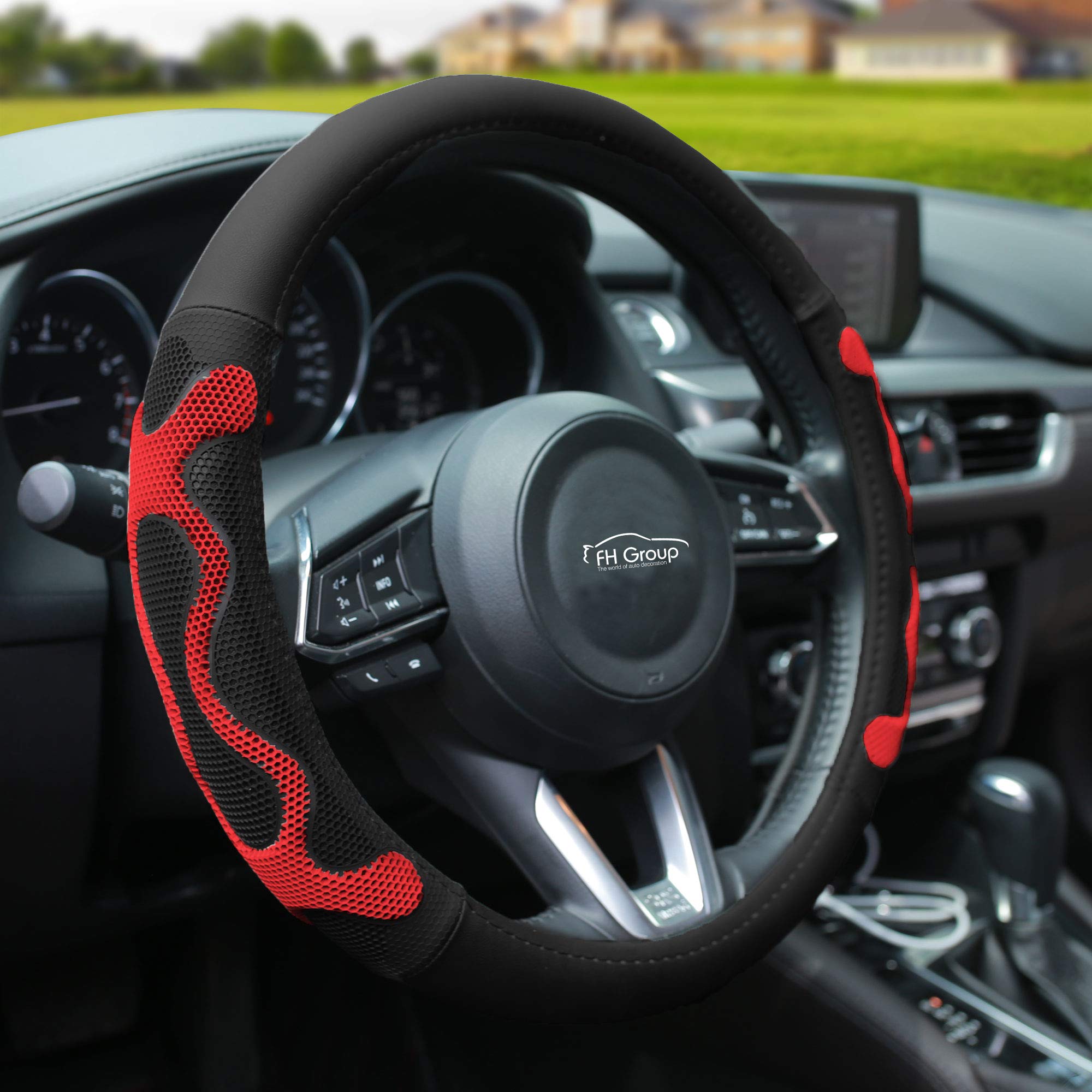 Fh Group Fh2010Red Universal Fit Leather With Silicone Anti-Slip Grip Red Steering Wheel Cover Fits Most Cars, Suvs, And Trucks