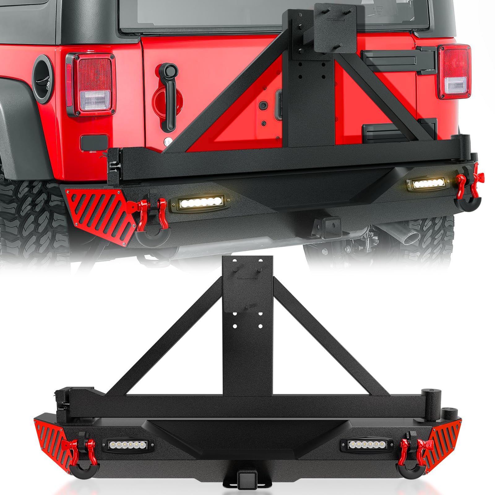 Yzona Rear Bumper With Spare Tire Carrier Compatible With 2007-2018 Jeep Wrangler Jk Jku Unlimited (2/4 Doors) Off-Road Bumper With Paintable Armor, Led Lights, 2' Hitch Receiver & D-Rings, Black