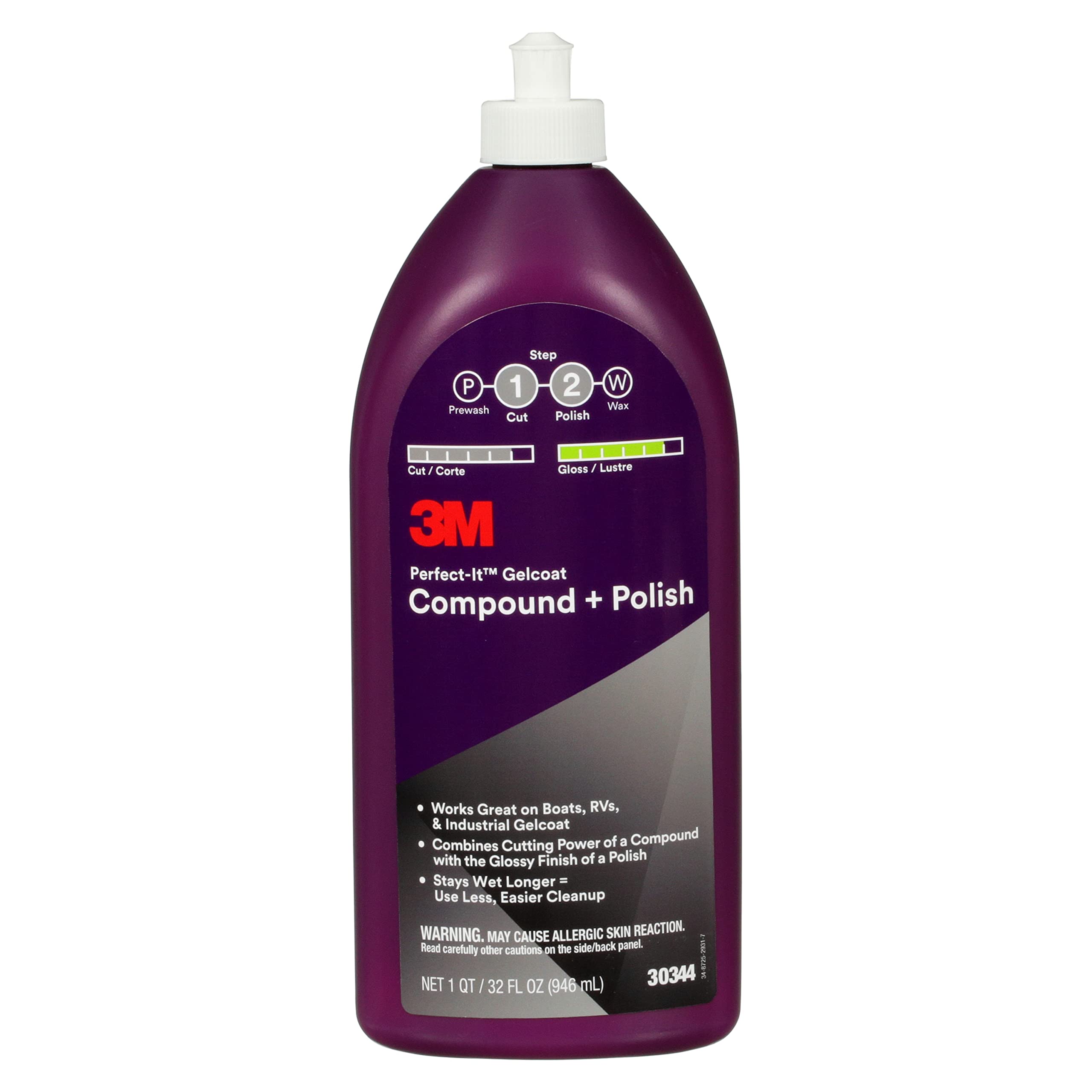 3M Perfect-It Gelcoat Compound + Polish 30344, 1 Qt (32 Fl Oz/946 Ml)